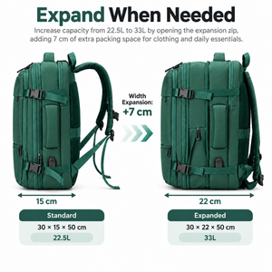 Expandable backpack size comparison: 22.5L standard vs 33L expanded with extra 7cm width
