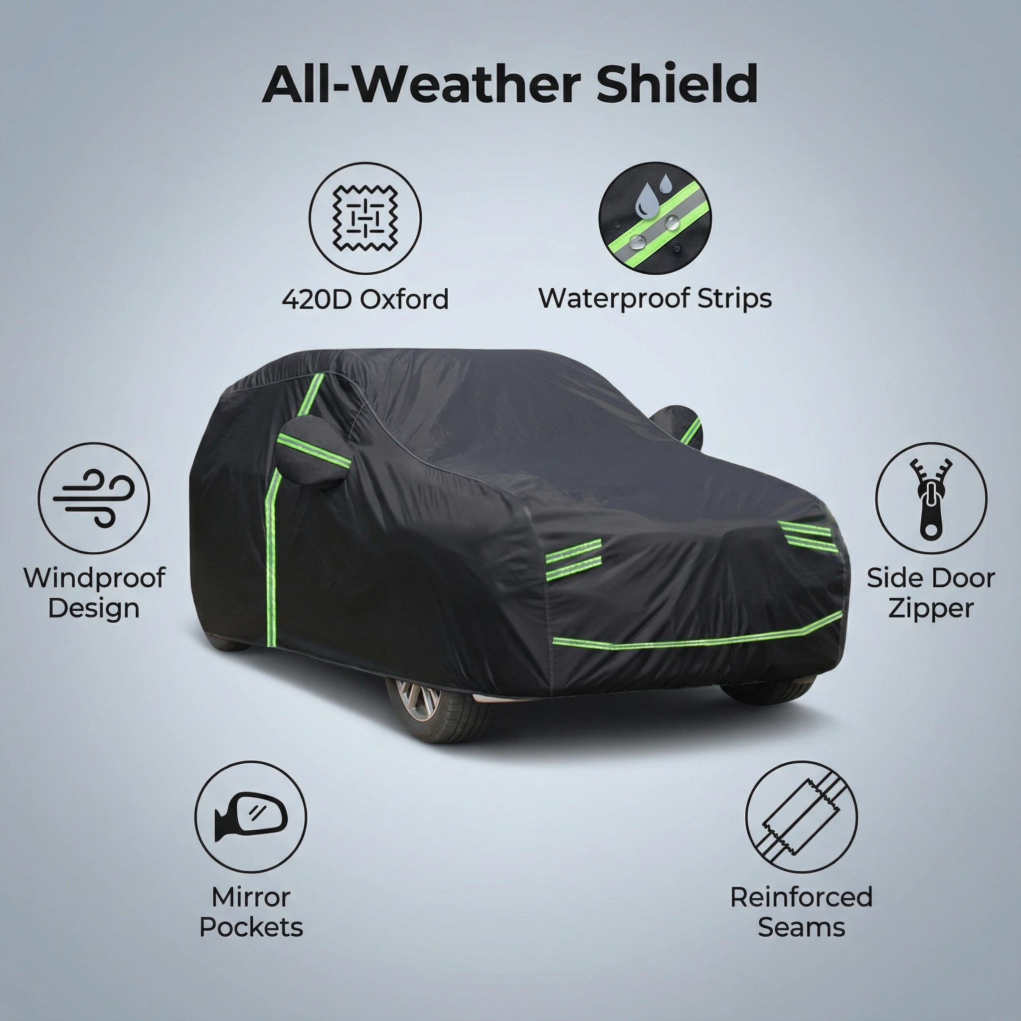 GagaFast Black Shield 420D Car Cover Features – Waterproof Strips, Side Door Zipper, Mirror Pockets and Reinforced Seams