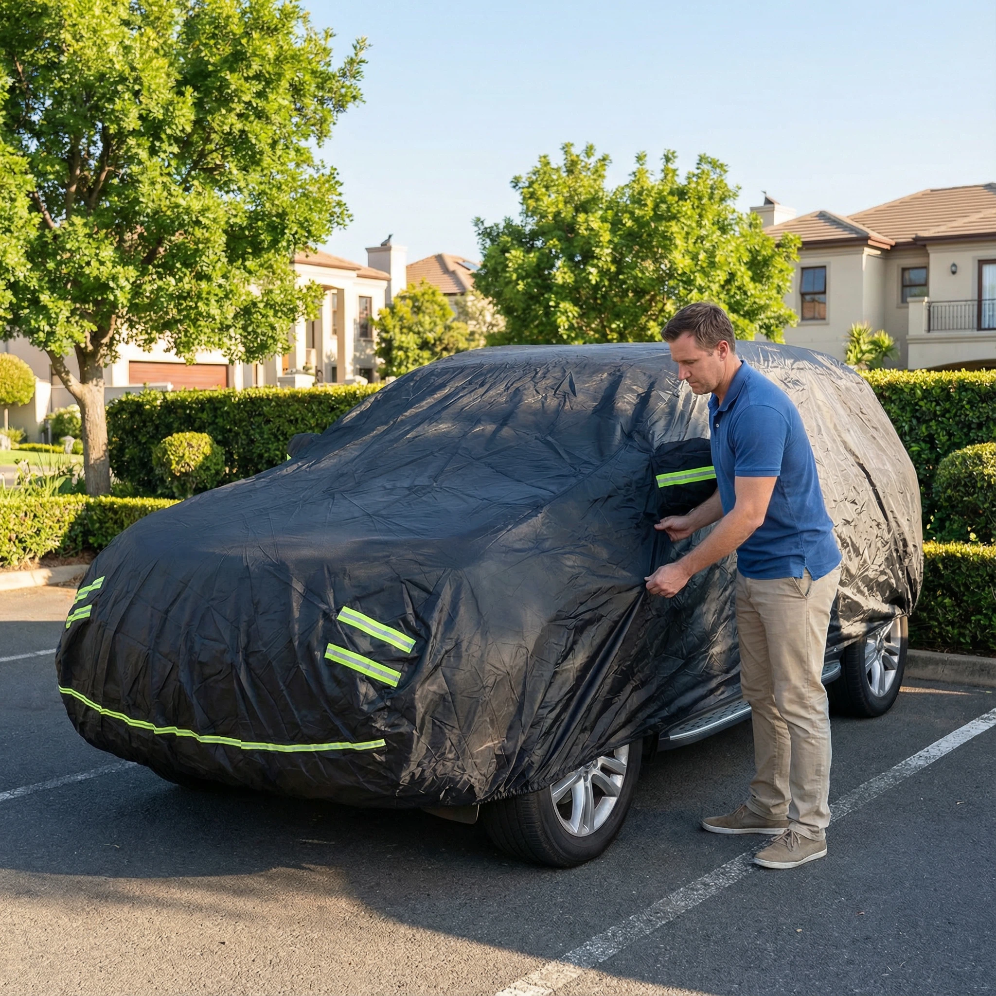 GagaFast Black Shield 420D Car Cover Fitted on SUV in Driveway – Easy Installation South Africa