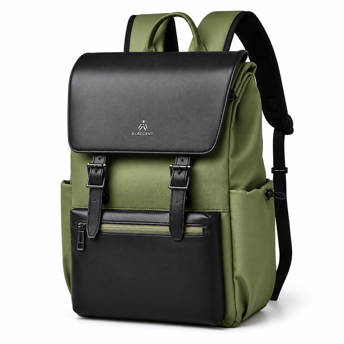 Olive green and black 15.6-inch laptop backpack with magnetic buckle flap, three-quarter view