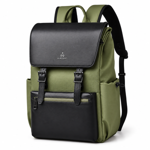 Olive green and black 15.6-inch laptop backpack with magnetic buckle flap, three-quarter view