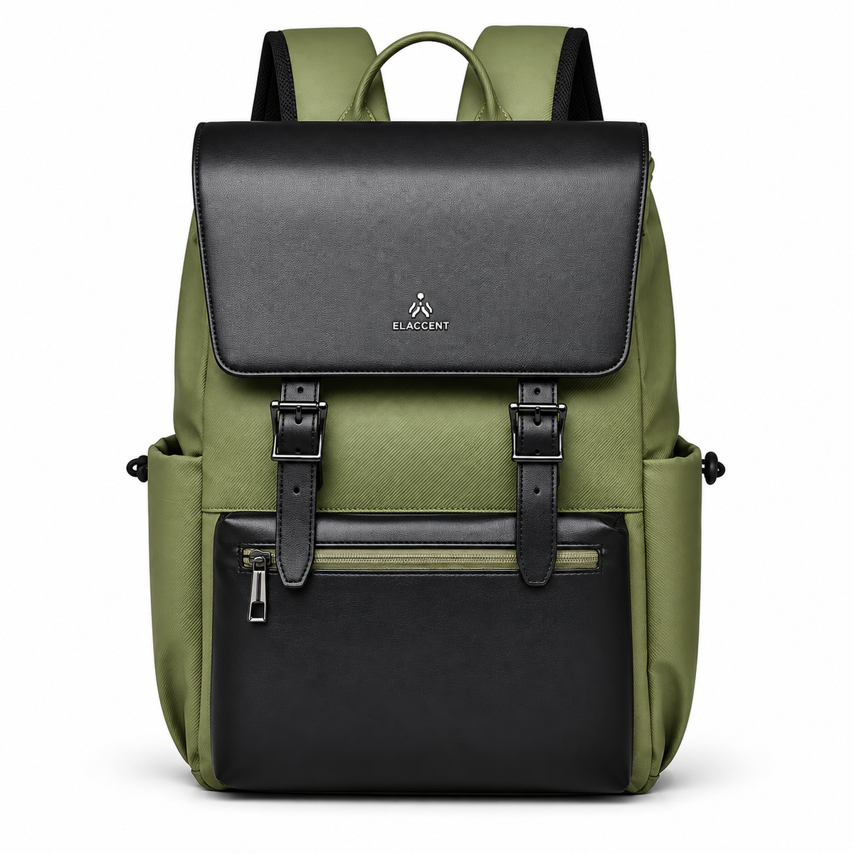 Olive green and black magnetic flap laptop backpack, front view