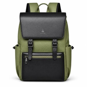 Olive green and black magnetic flap laptop backpack, front view