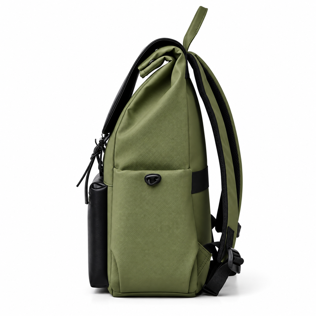 Side view of the olive green laptop backpack with side pocket