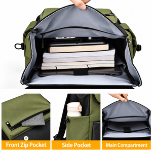 Green backpack opened with books and laptop inside, plus front, side and main pockets