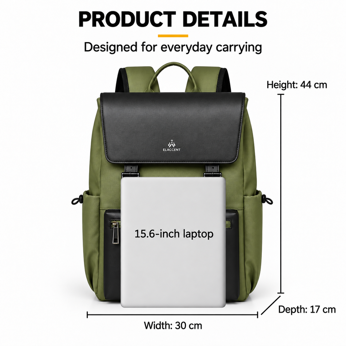 Green laptop backpack fits a 15.6-inch laptop; 44cm high, 30cm wide, 17cm deep