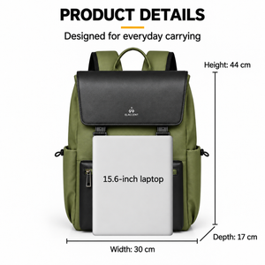 Green laptop backpack fits a 15.6-inch laptop; 44cm high, 30cm wide, 17cm deep