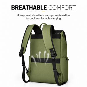 Honeycomb breathable shoulder straps on the olive green laptop backpack