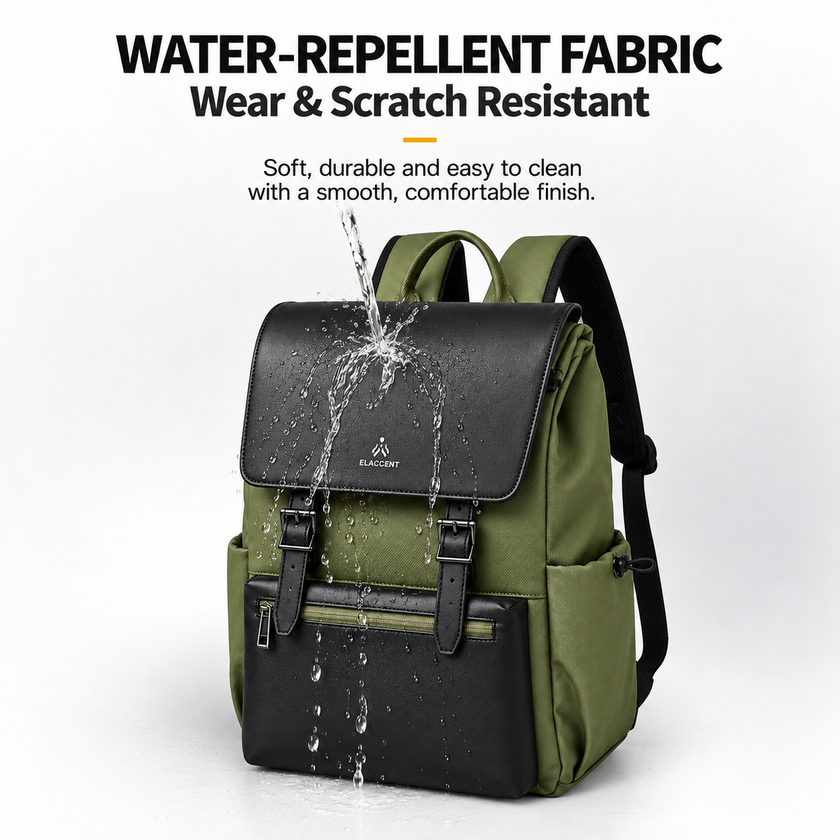 Water-repellent, scratch-resistant fabric on the olive green and black laptop backpack