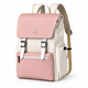 Pink and cream 15.6-inch laptop backpack with magnetic buckle flap, front three-quarter view