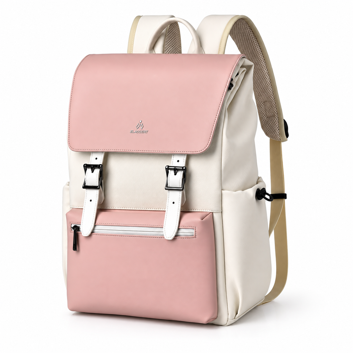 Pink and cream 15.6-inch laptop backpack with magnetic buckle flap, front three-quarter view