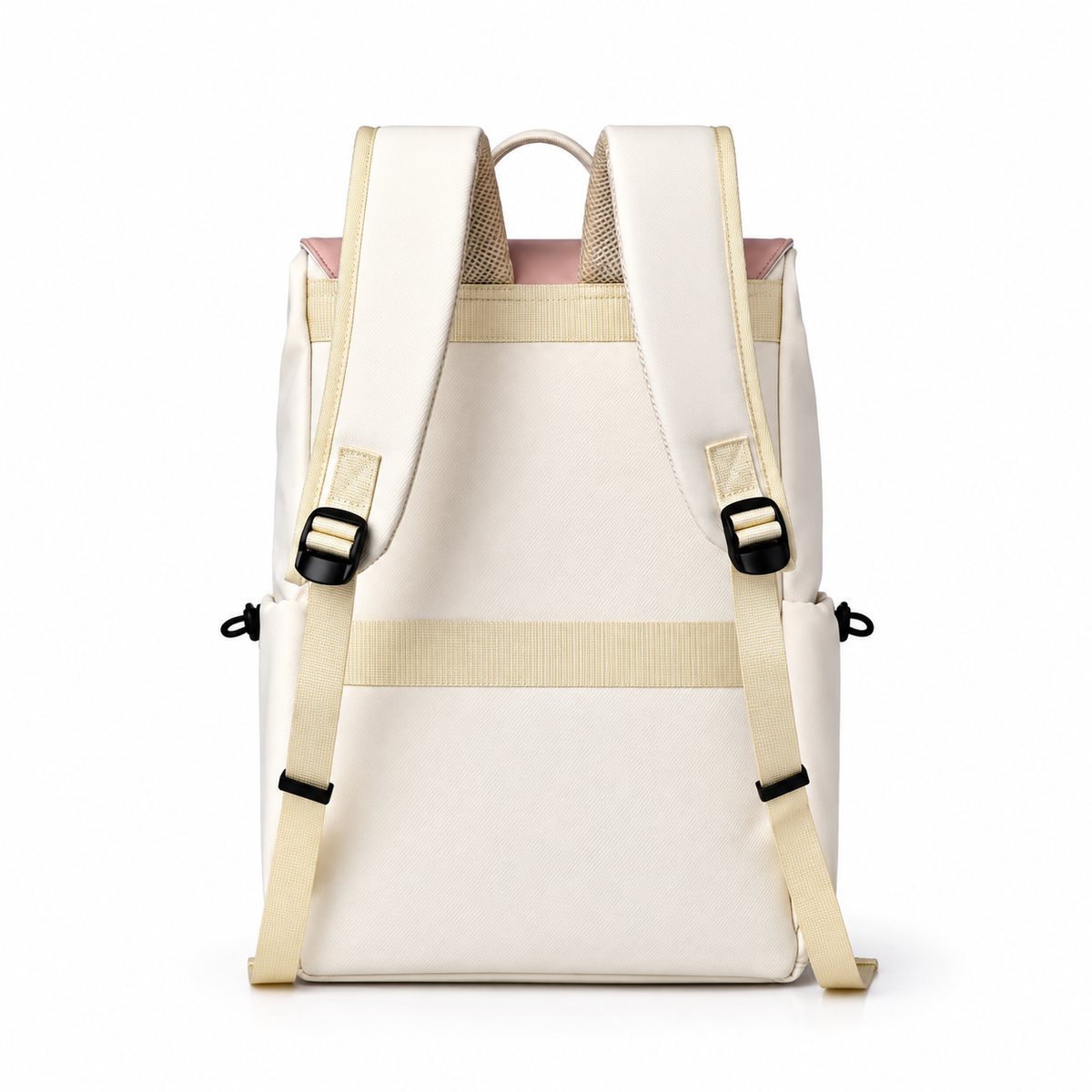 Back of the pink and cream laptop backpack with padded straps and luggage strap