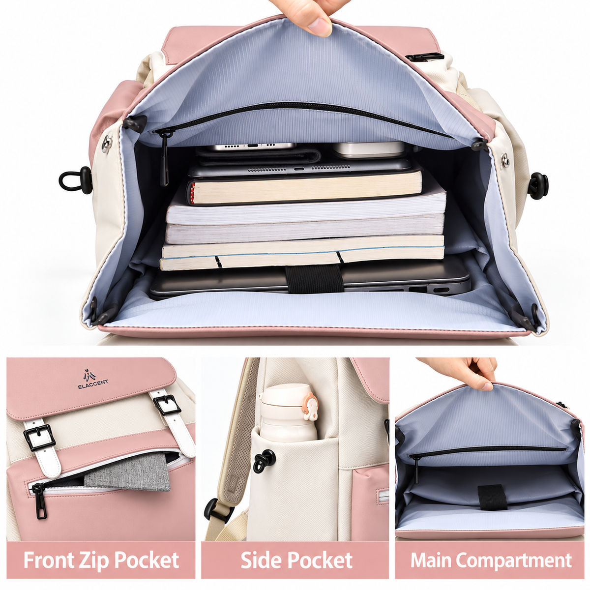 Pink backpack opened with books and laptop inside, plus front, side and main pockets