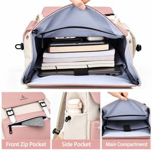 Pink backpack opened with books and laptop inside, plus front, side and main pockets