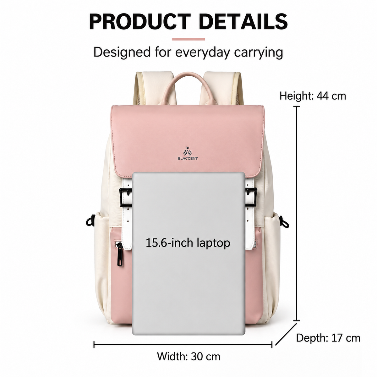 Pink laptop backpack fits a 15.6-inch laptop; 44cm high, 30cm wide, 17cm deep