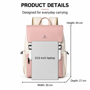 Pink laptop backpack fits a 15.6-inch laptop; 44cm high, 30cm wide, 17cm deep