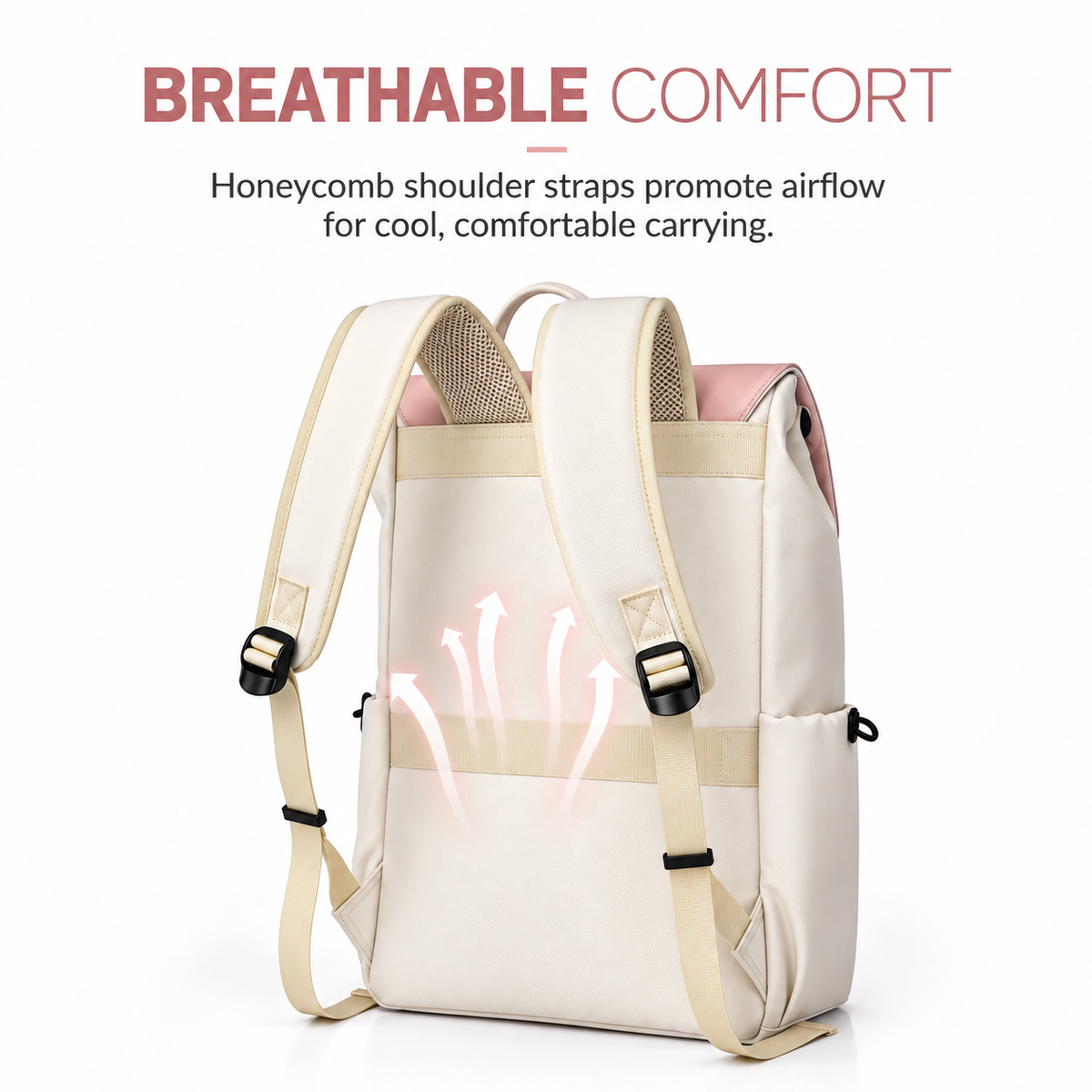 Honeycomb breathable shoulder straps on the pink and cream laptop backpack