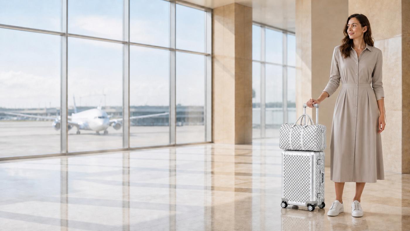 White 20-inch hardshell suitcase with matching duffel bag in an airport terminal