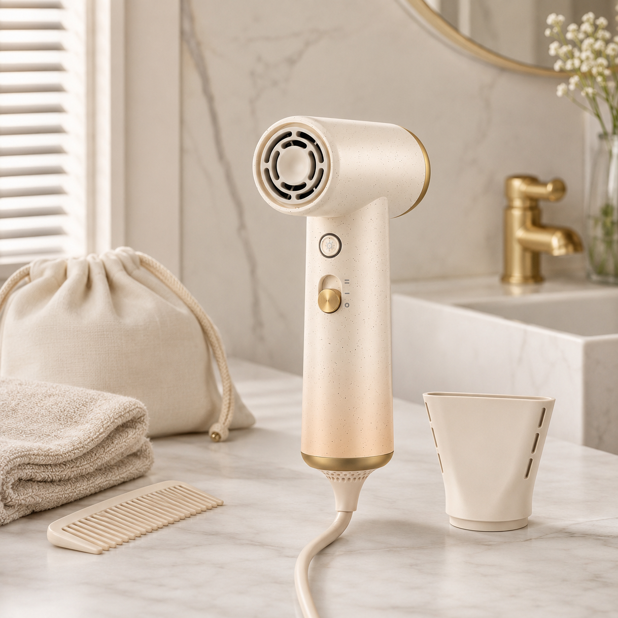 Compact hair dryer on a bathroom vanity