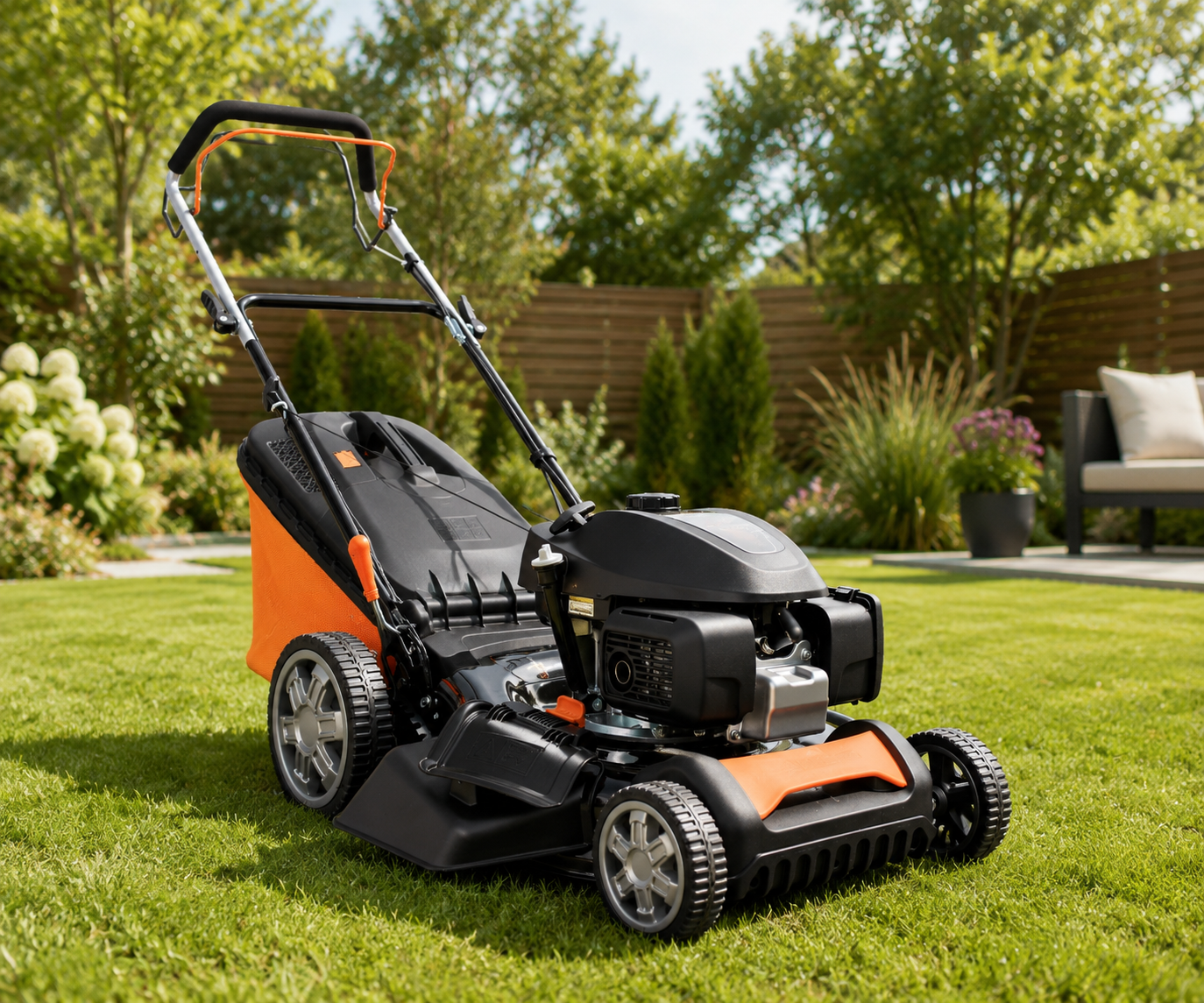 Lawnmower in a neat backyard garden