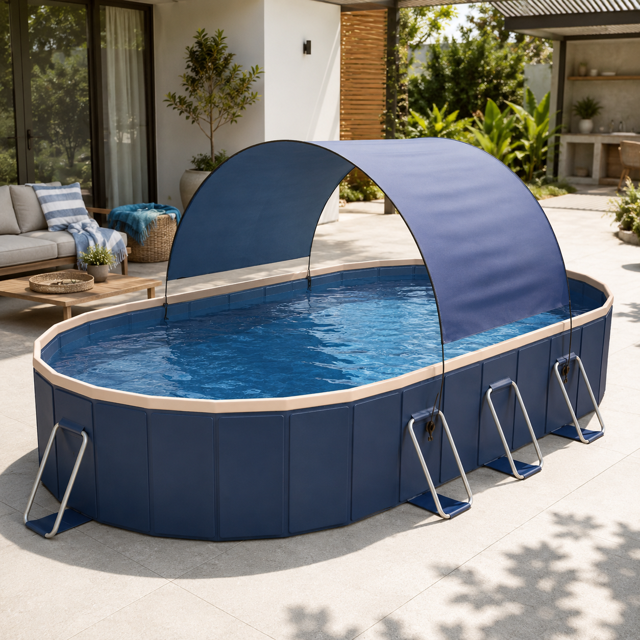Canopy pool on a modern backyard patio
