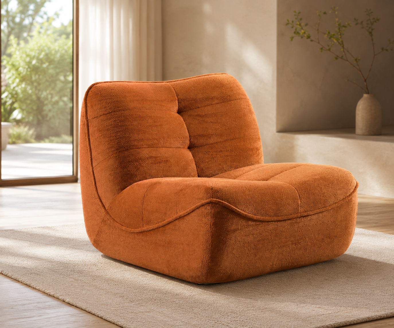Orange lazy sofa chair in a warm bedroom reading corner