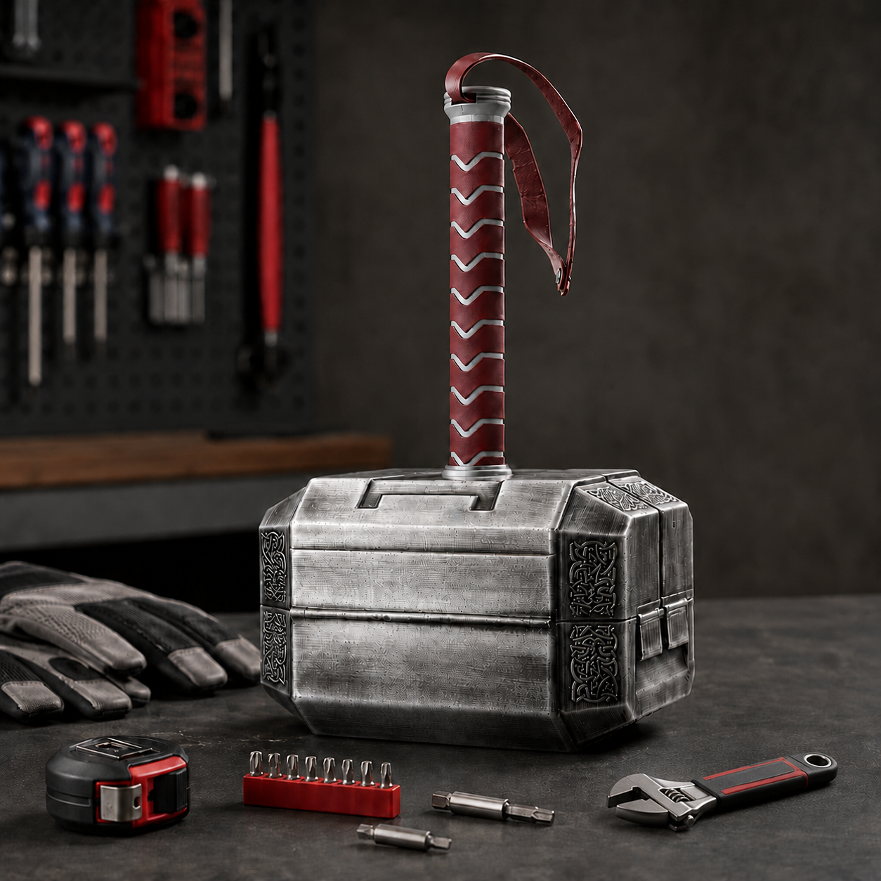 Thor hammer style multifunction toolbox on a workbench