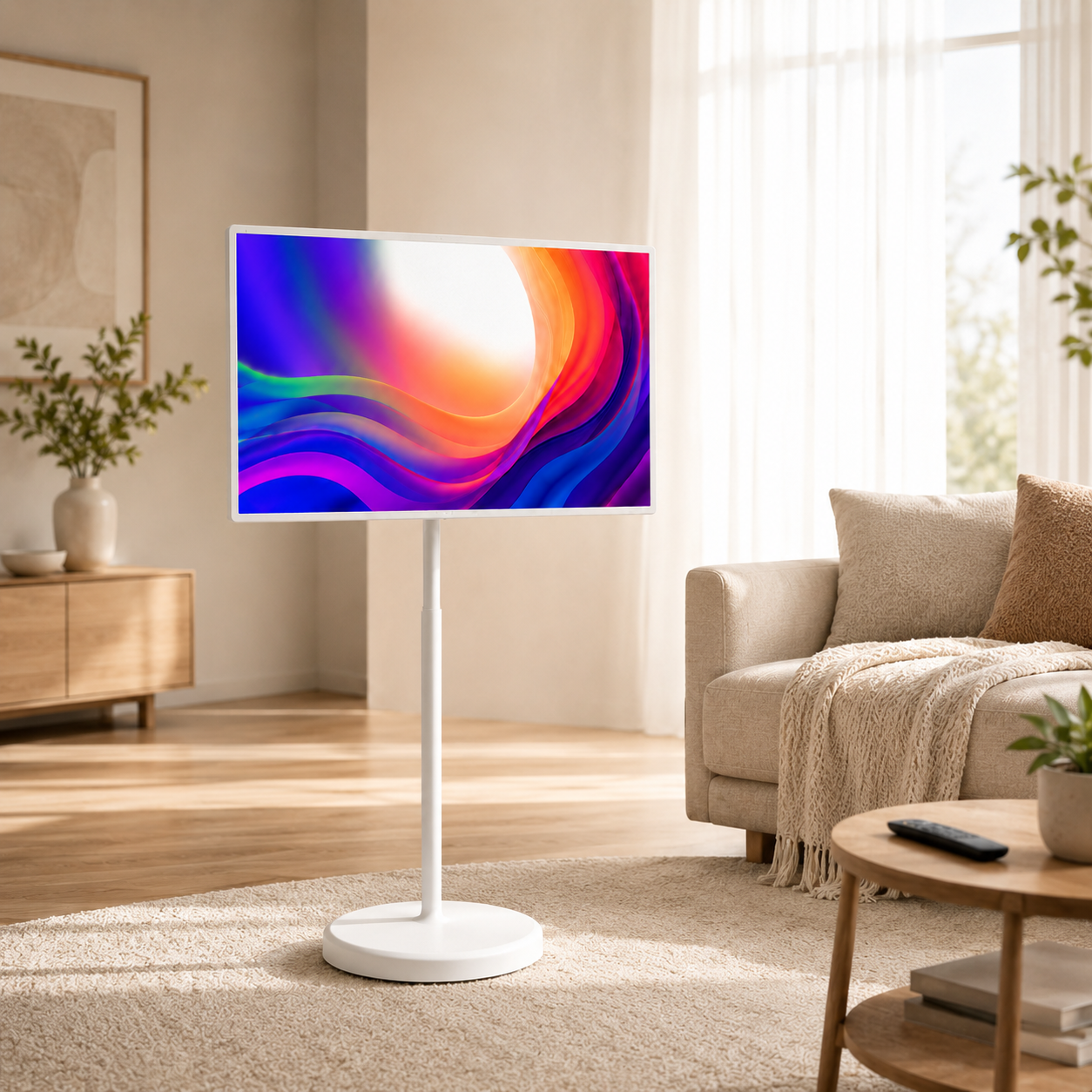 Floor-standing portable smart TV in a modern living room